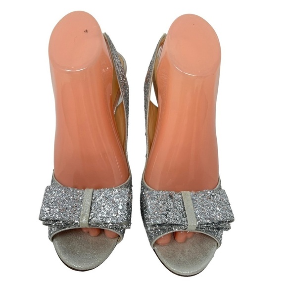 Kate Spade Krysta Silver Sequin Glitter Open Toe Slingback Stiletto Heels 9.5B - Picture 2 of 12